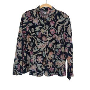 Retro Floral Jacket XL Black Tapestry Woven Botanical Classic Boho Artsy 70s